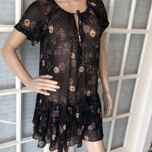 Free people black sheer floral Boho Tie neck dress